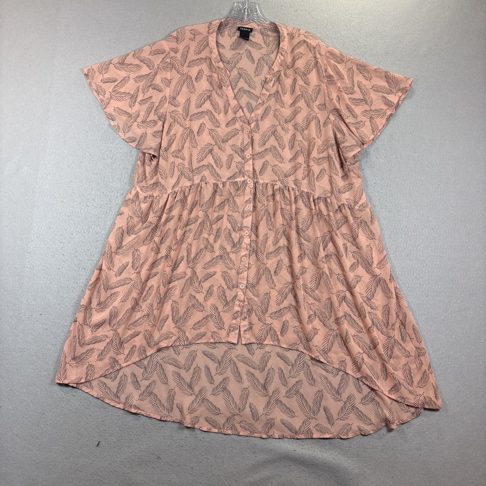 Torrid Blouse Size 3 Pink Peach Button Up Sheer Embroidered Flowers Long